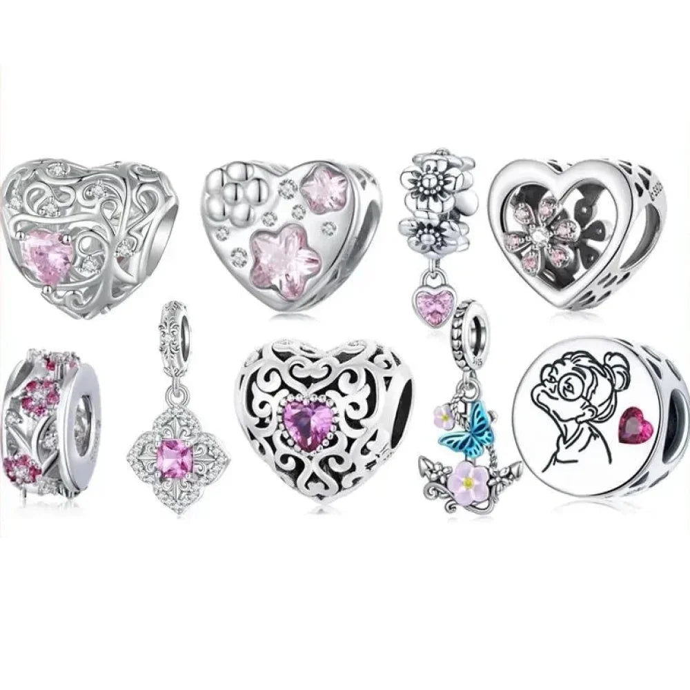 925 Sterling Silver Diy Heart Charm With Pink Zircon - Bsc777