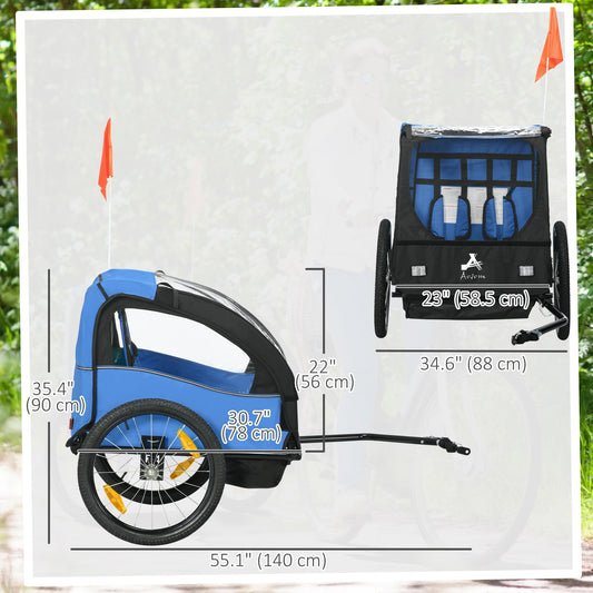 2 Seat Bike Trailer for Kids, Baby Stroller with Storage Bag, 5 Point Harness, Bicycle Trailer with 20" Wheels, Blue