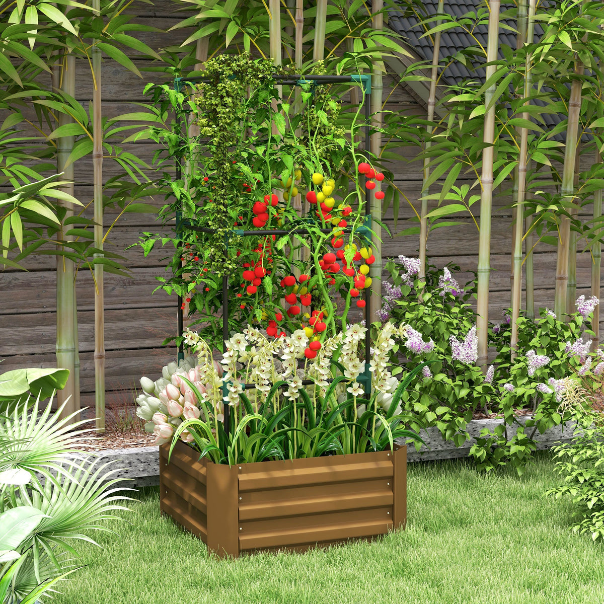 Galvanized Planter Box, Outdoor Raised Garden Bed with 3-Tier Trellis Tomato Cage for Climbing Vines, Vegetables, Brown