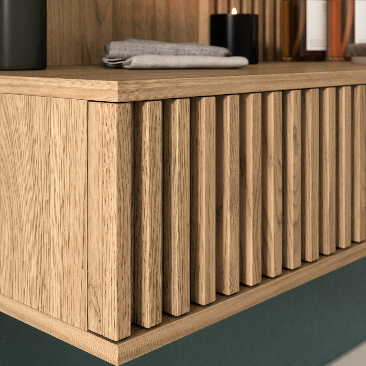 Entsian Oak Wood Paneled Floating Vanity w/Mirror - Artisan Oak