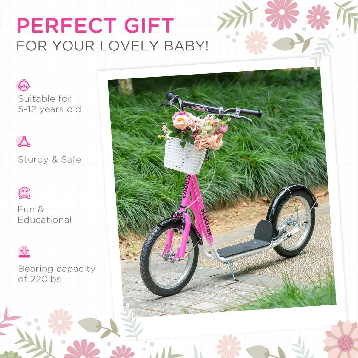 Kick Scooter with Adjustable Handlebar, Kids Scooter with 2 Brakes Basket Cupholder 16" Inflatable Rubber Tyres Orange