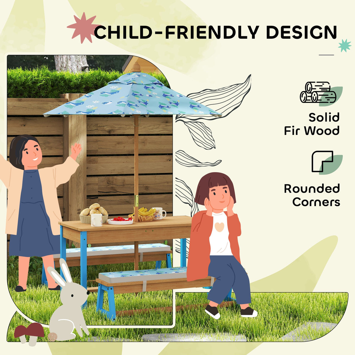 Kids Picnic Table and Bench Set with Removable Umbrella, Cushions & Boxes, Dinosaur Theme for Outdoor, Blue