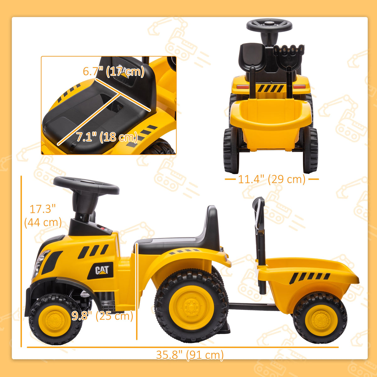Caterpillar Licensed No Power Ride On Tractor with Shovel, Trailer