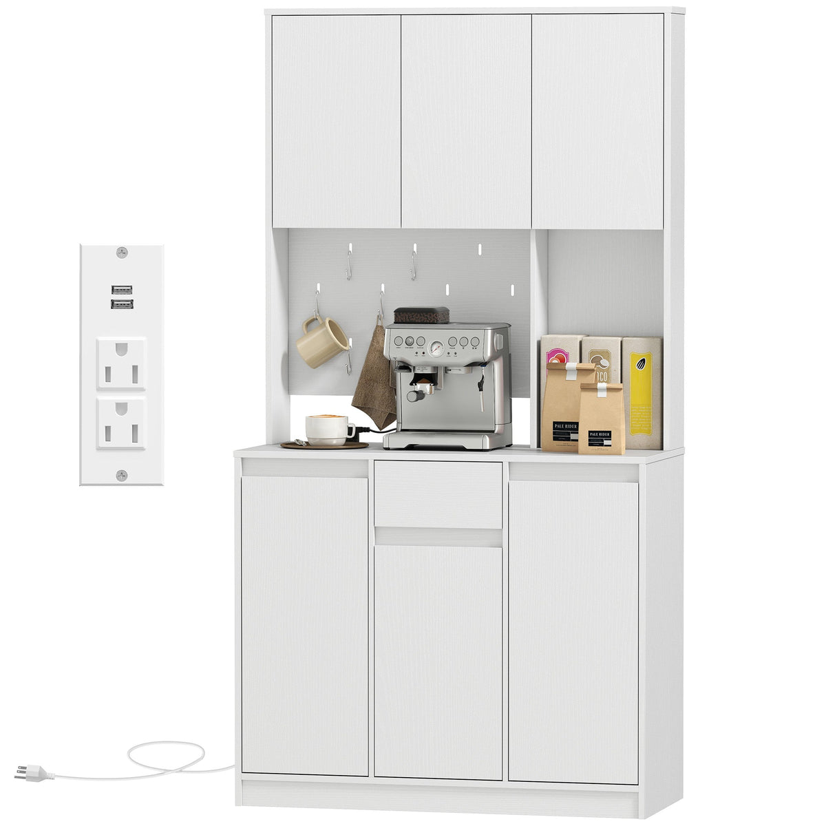 71" Pantry Cabinet with Charging Station, Kitchen Storage Cabinet with Microwave Stand, Pegboard, 6 S-hooks, Black