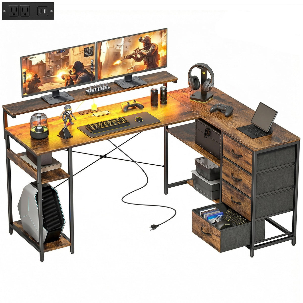 Gaming Desk with Power Outlets LED Lights Computer Desk with Drawers Monitor Stand 61" Black
