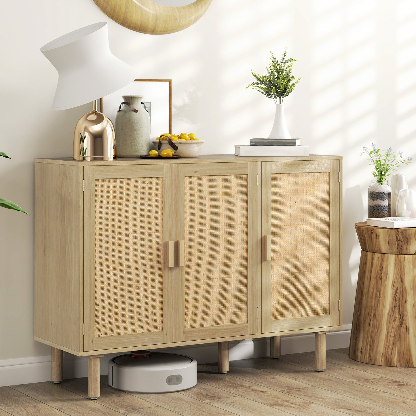 Quinn Bohemian 46.9" Hallway Cabinet/Sideboard with 3 Rattan Doors-Oak