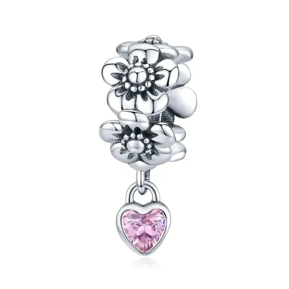 925 Sterling Silver Diy Heart Charm With Pink Zircon - Bsc777