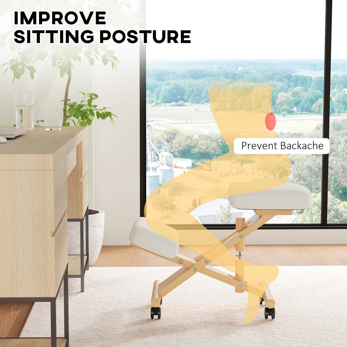 Ergonomic Kneeling Chair, Posture Chair with Rubberwood Frame, Rolling Wheels for Office, Posture Correction, Black