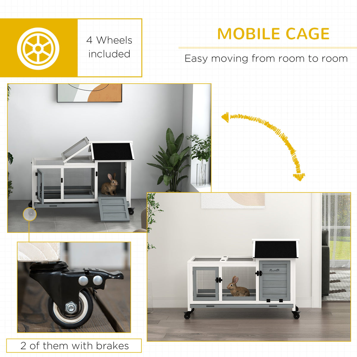 Rabbit Cage with Wheels, Ramp, Run, Tray for Indoor Outdoor, Suitable for Rabbit, Guinea Pig, Coffee