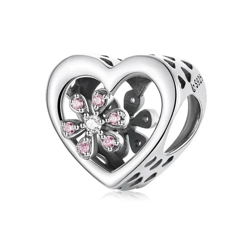 925 Sterling Silver Diy Heart Charm With Pink Zircon - Bsc777