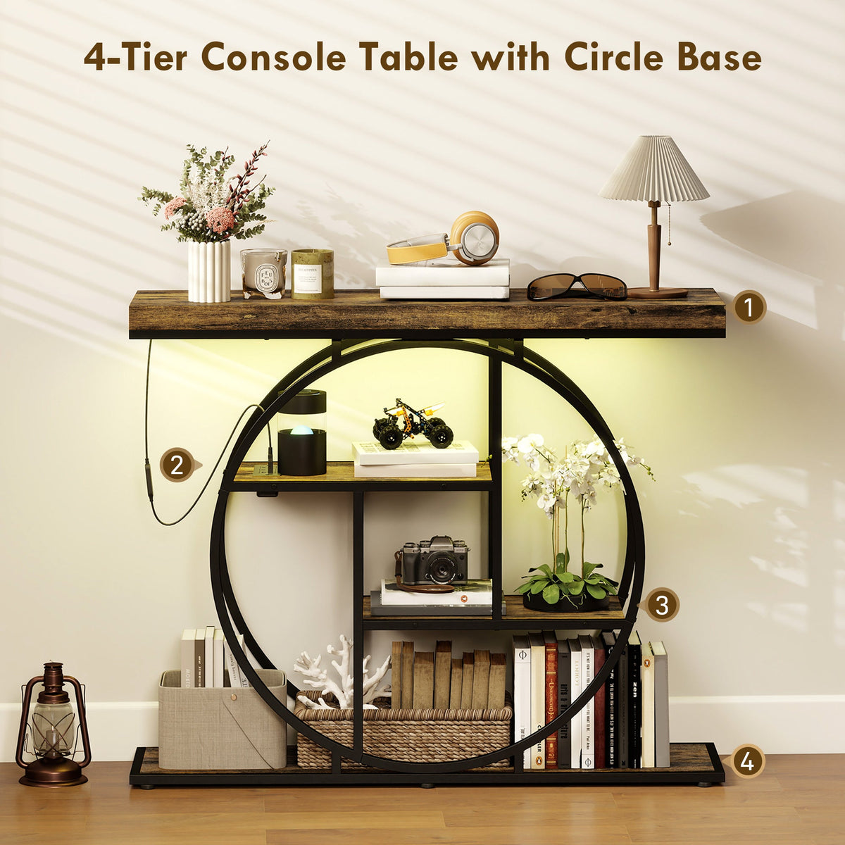4-Tier Entryway Table with Charging Station LED Lights 39" Console Table with Circle Base for Living Room, Rustic Brown
