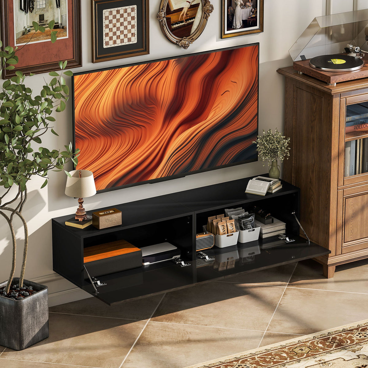 Hunter Floating TV Stand with Storage Cupboards for TVs up to 65 Inches-Black