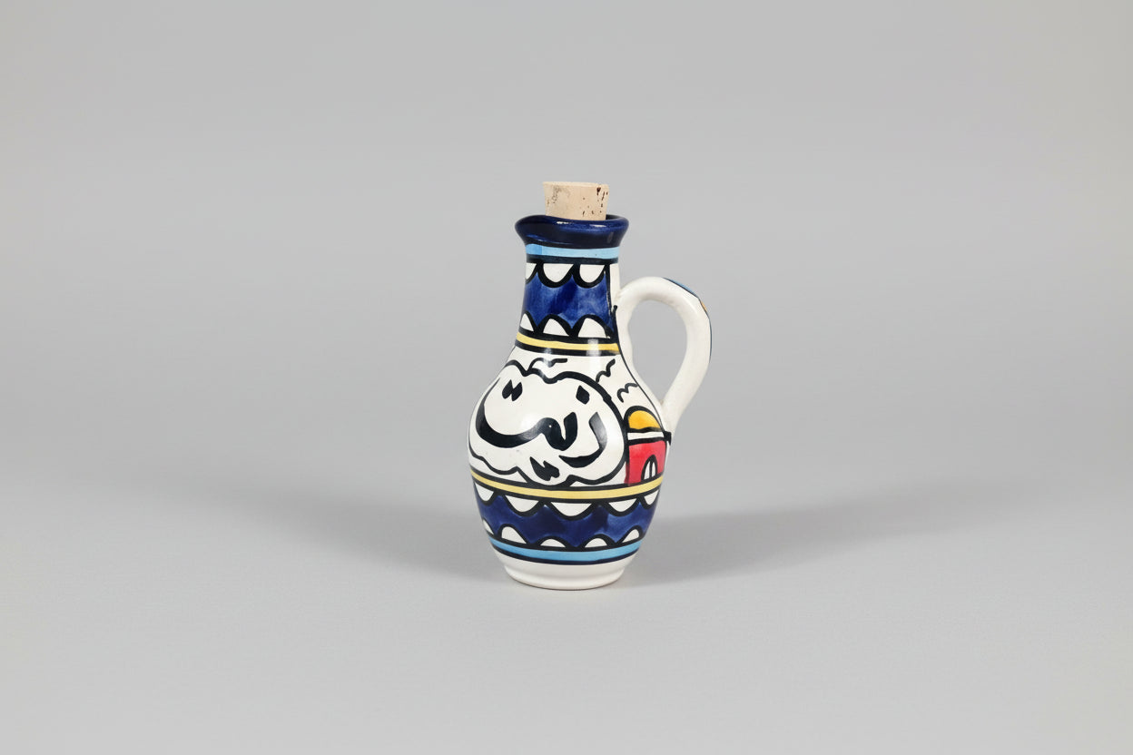 Ceramic Oil Decanter – "زيت" (Oil) in Arabic | With Cork Lid | Village Pattern