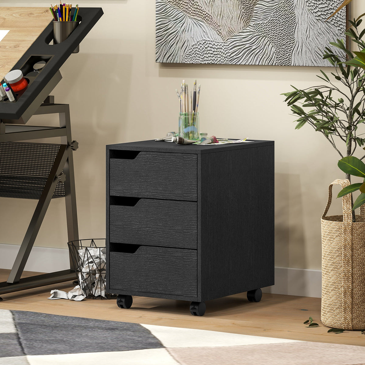 3 Drawer File Cabinet, Mobile Vertical Filing Cabinet with Wheels, Printer Stand with Storage for Home Office, Oak