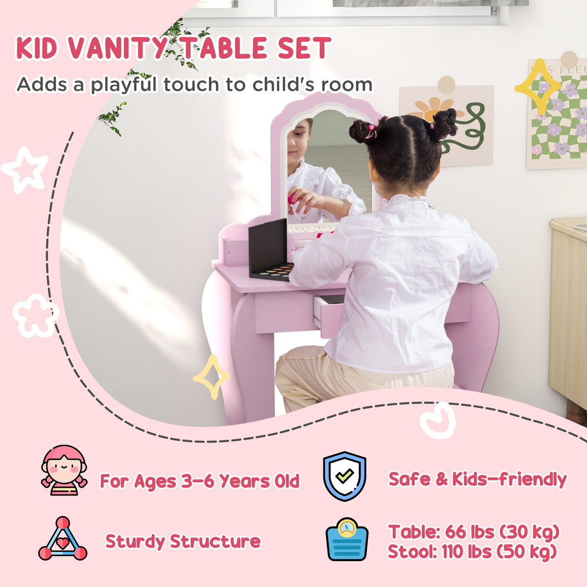 Makeup Vanity with Mirror and Stool, Cloud Design, Drawer, Storage Boxes, for 3-6 Years Old, Pink