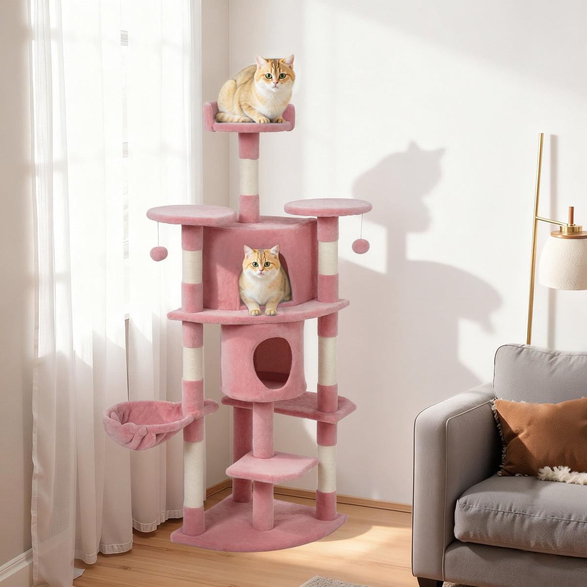 62" Cat Tree with Scratching Post, 2 Condos, Hammock, Perches, Plush, Pompoms, for Indoor Cats, Beige