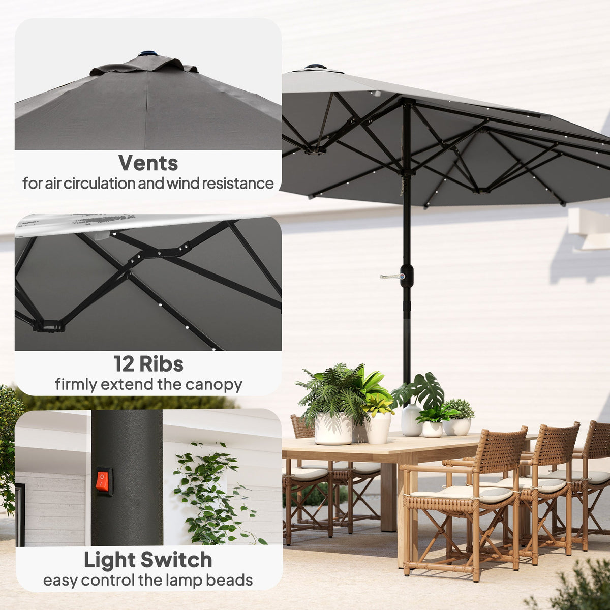 174" Double-Sided Sun Umbrella Garden Parasol Patio Sun Shade Outdoor with LED Solar Light, Khaki