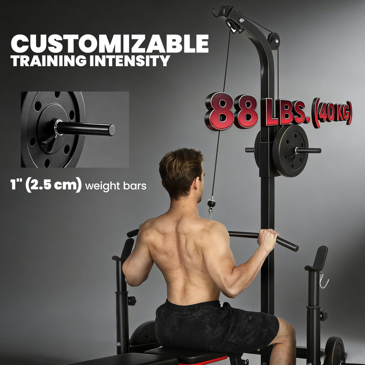Multi-Function Home Gym Machine with Bench Press Rack, Squat Rack and Lat Pulldown System, Black
