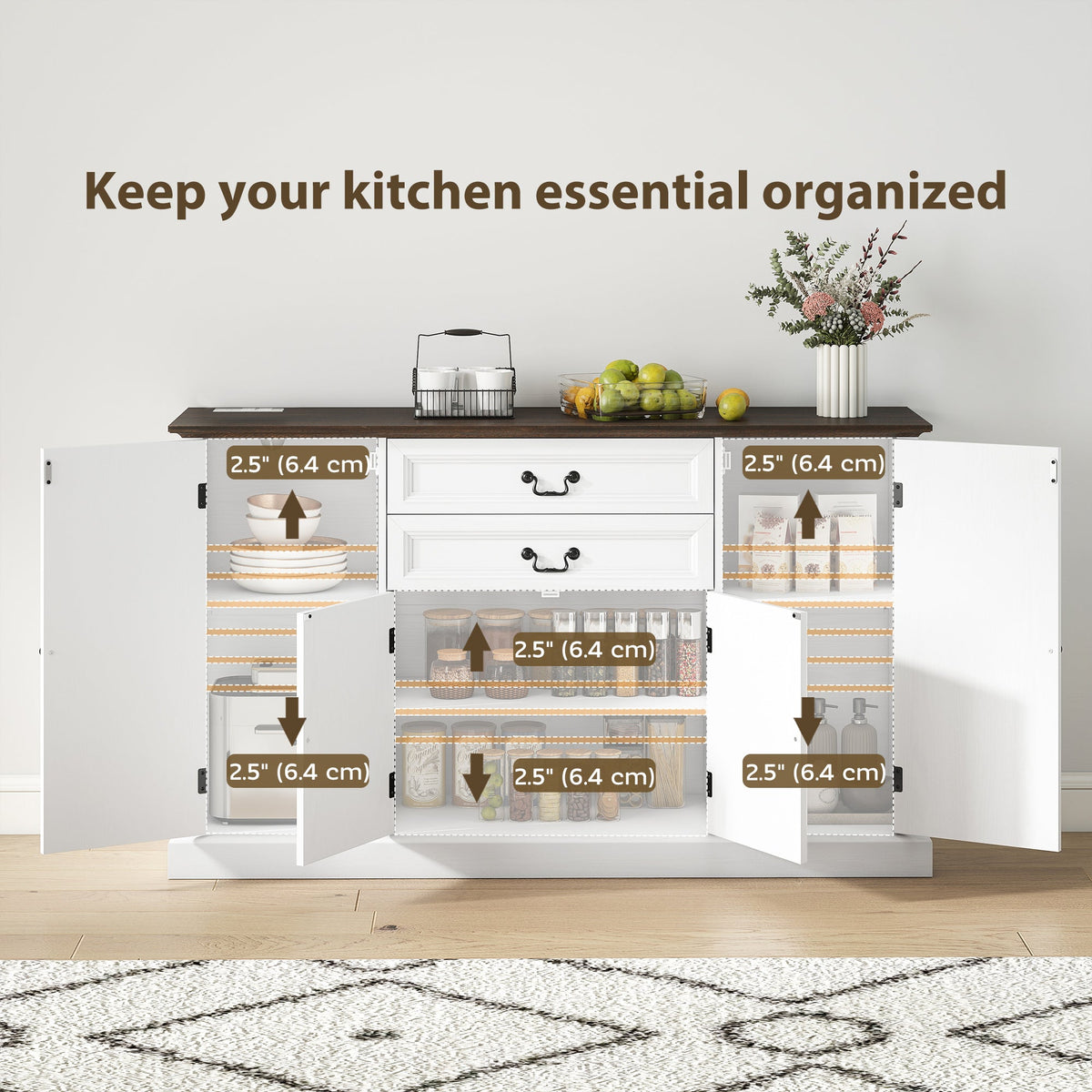 Farmhouse Sideboard with Charging Station and Thickened Top, 58" Buffet Cabinet with 2 Soft-Close Drawers, Black