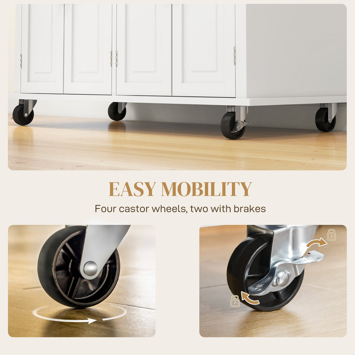 Kitchen Island with Storage, Rolling Trolley Cart with Rubber Wood Top, Spice Rack, Towel Rack, Brown Oak