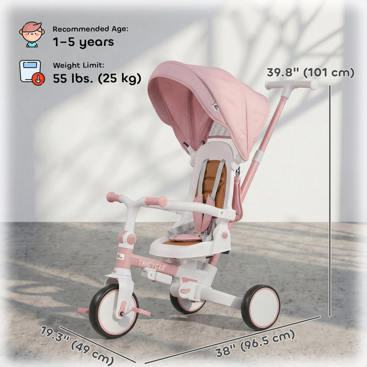 7 in 1 Toddler Tricycle with Safety Harness, Adjustable & Removable Parent Handle, Canopy, Storage Bag, Brake, Pink
