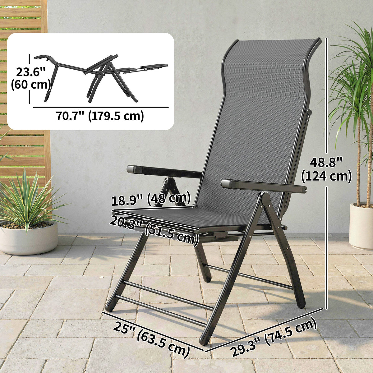 Folding Patio Chairs Set of 2, 5-Position Outdoor Lounge Chairs with High Back, Retractable Footrest, Black