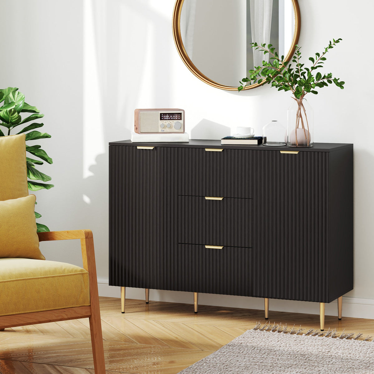 Ellis Modern Kitchen Buffet/Hallway Cabinet with 3 Drawers-Black
