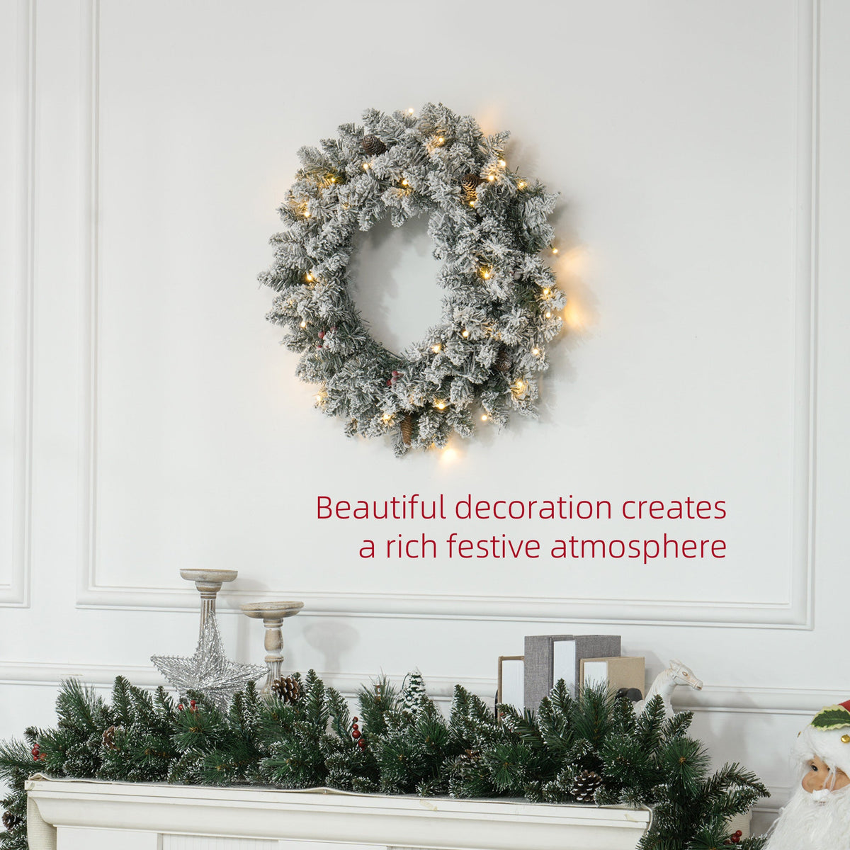 24" Christmas Front Door Wreath with Lights Flocked Christmas Wreath with Pine Cones and Berries for Windows Green