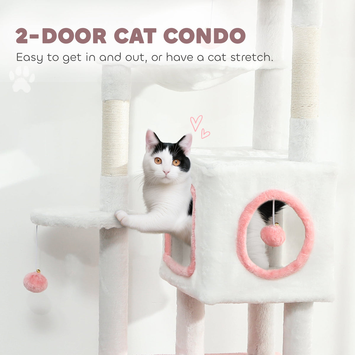 65 Inch Cat Tree with 2 Doors Condos, Plush Top Perch, Hammock, Sisal Scratching Posts, 4 Pompoms, Ramp, Grey