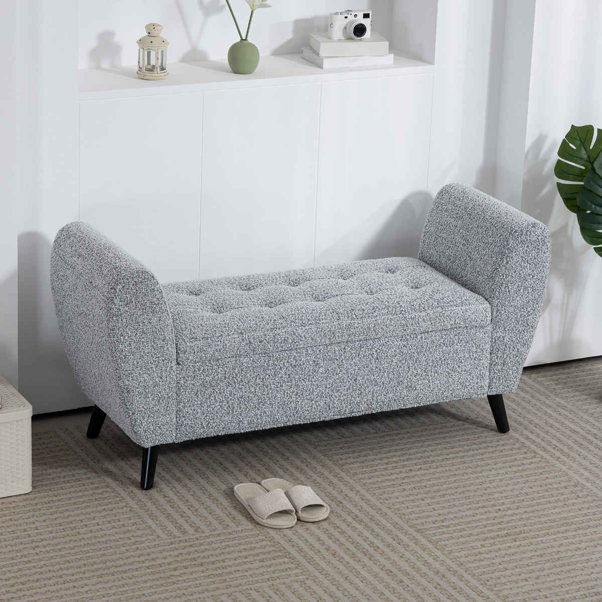 Upholstered Storage Bench with Arms, Modern Ottoman Bench for Bedroom, Entryway, and Living Room, Black
