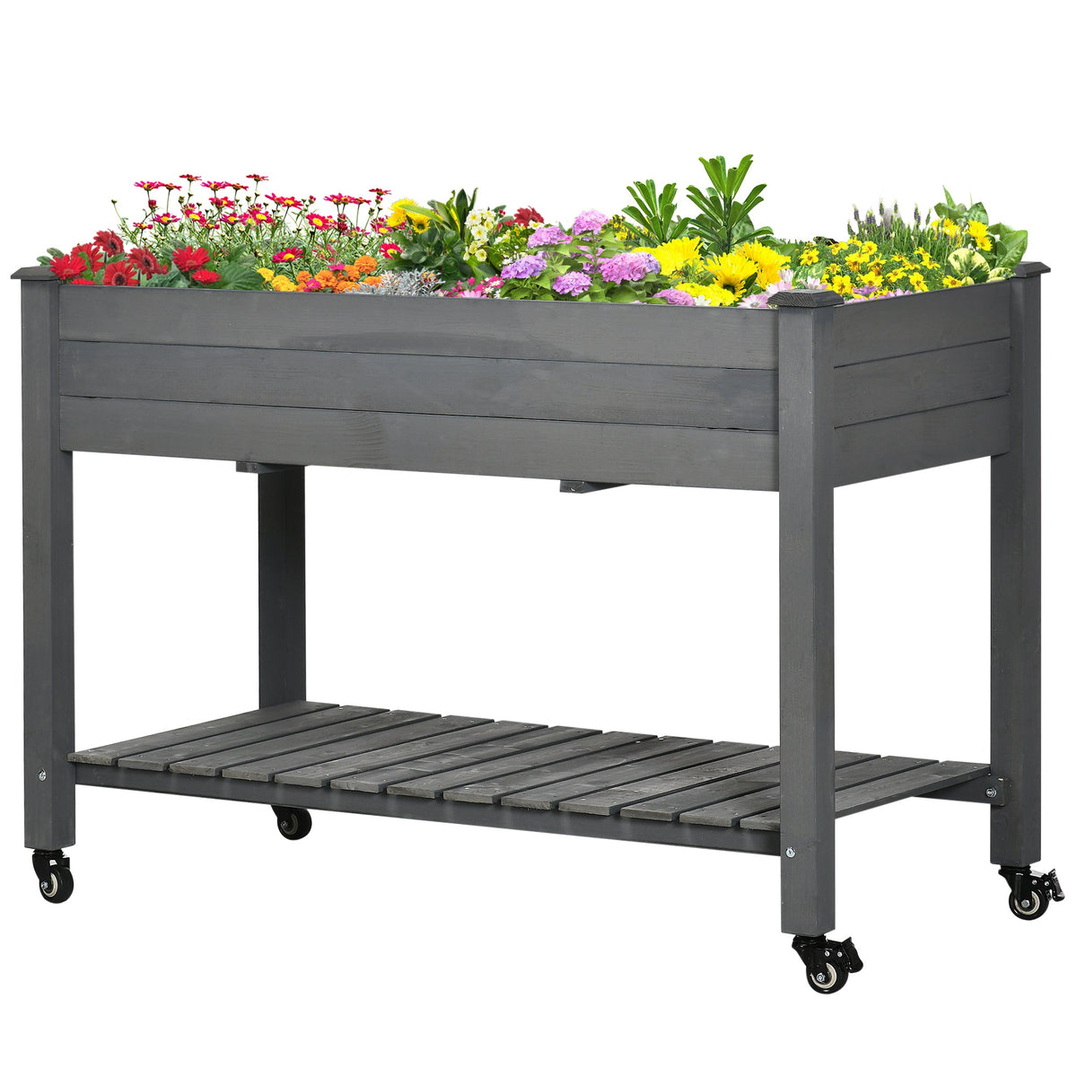 Mobile Raised Garden Bed Elevated Wood Planter Box with Lockable Wheels, Storage Shelf for Herbs Vegetables, Natural