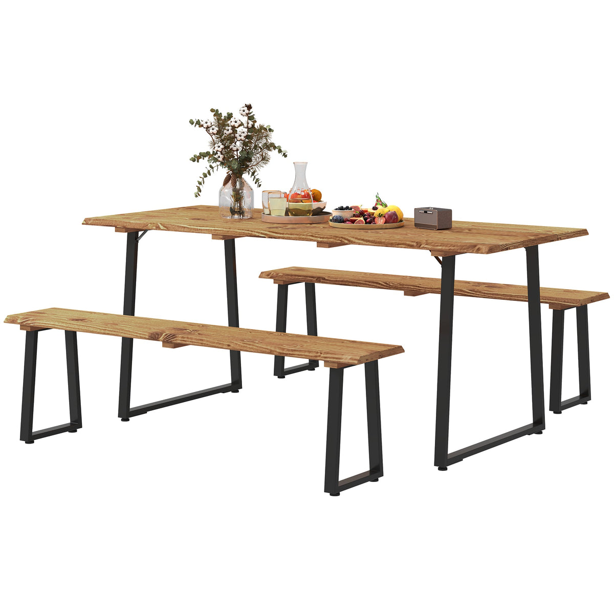Picnic Table and Bench Set for 6 Persons with 2" Umbrella Hole, Slatted Top & Steel Frame, for Party, BBQ, Patio, Lawn