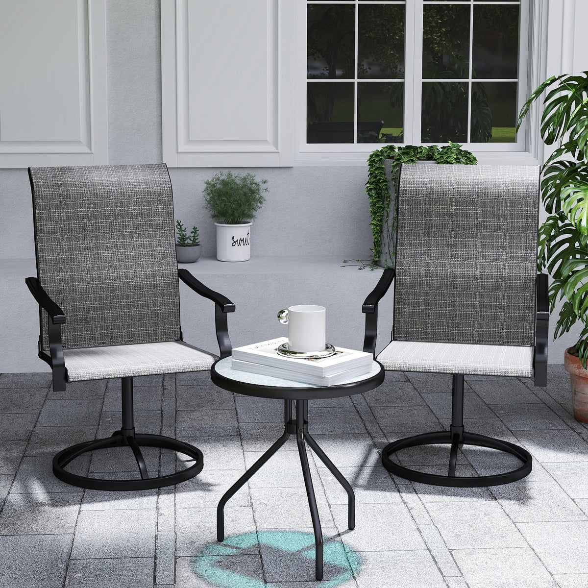 Outdoor Swivel Dining Chairs Set of 2, High Back Swivel Chairs with All Weather Mesh for Deck, Backyard, Poolside, White