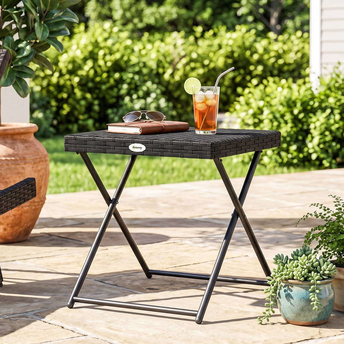 Rattan Coffee Table Folding Patio Outdoor Side Table Wicker for Balcony, Porch, Poolside, 15.75"x15.75"x15.75", Grey