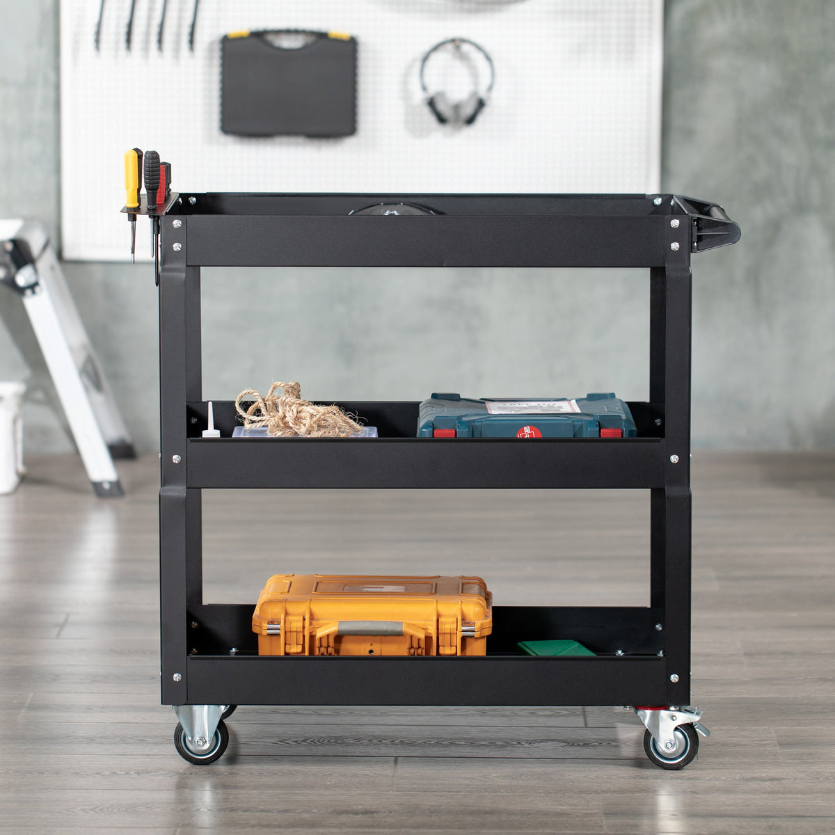 3 Tier Rolling Tool Cart with Wheels, 330 LBS Capacity Heavy Duty Utility Cart, Mobile Service Cart for Garage, Black