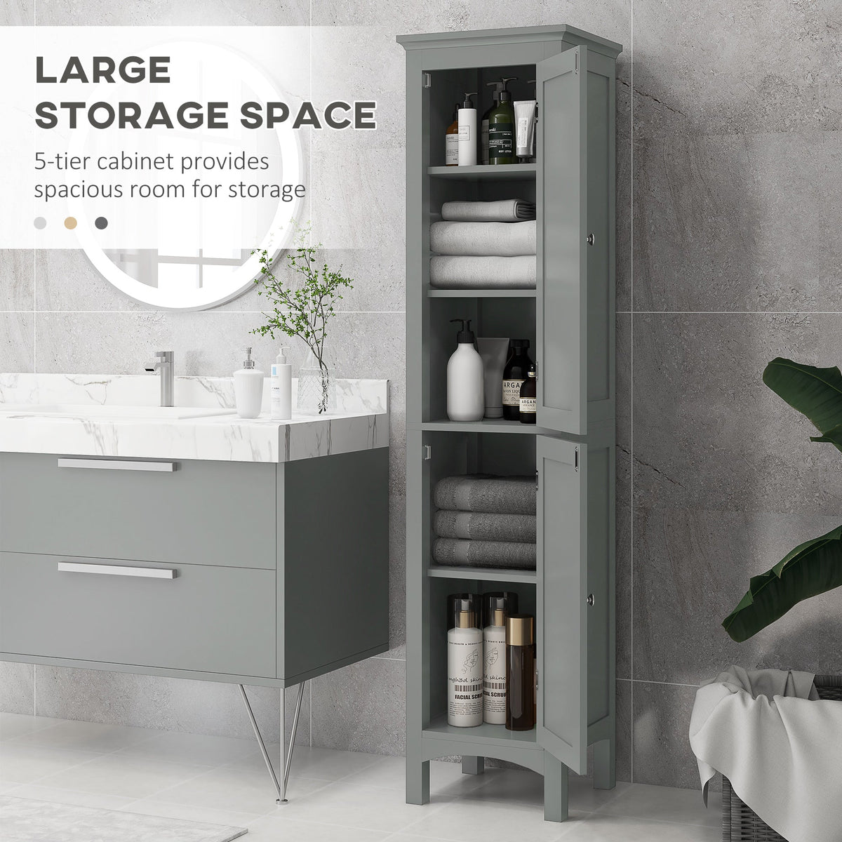 Tall Bathroom Cabinet, Freestanding Storage Organizer with Adjustable Shelves and Cupboards, 15" x 13" x 63", Black