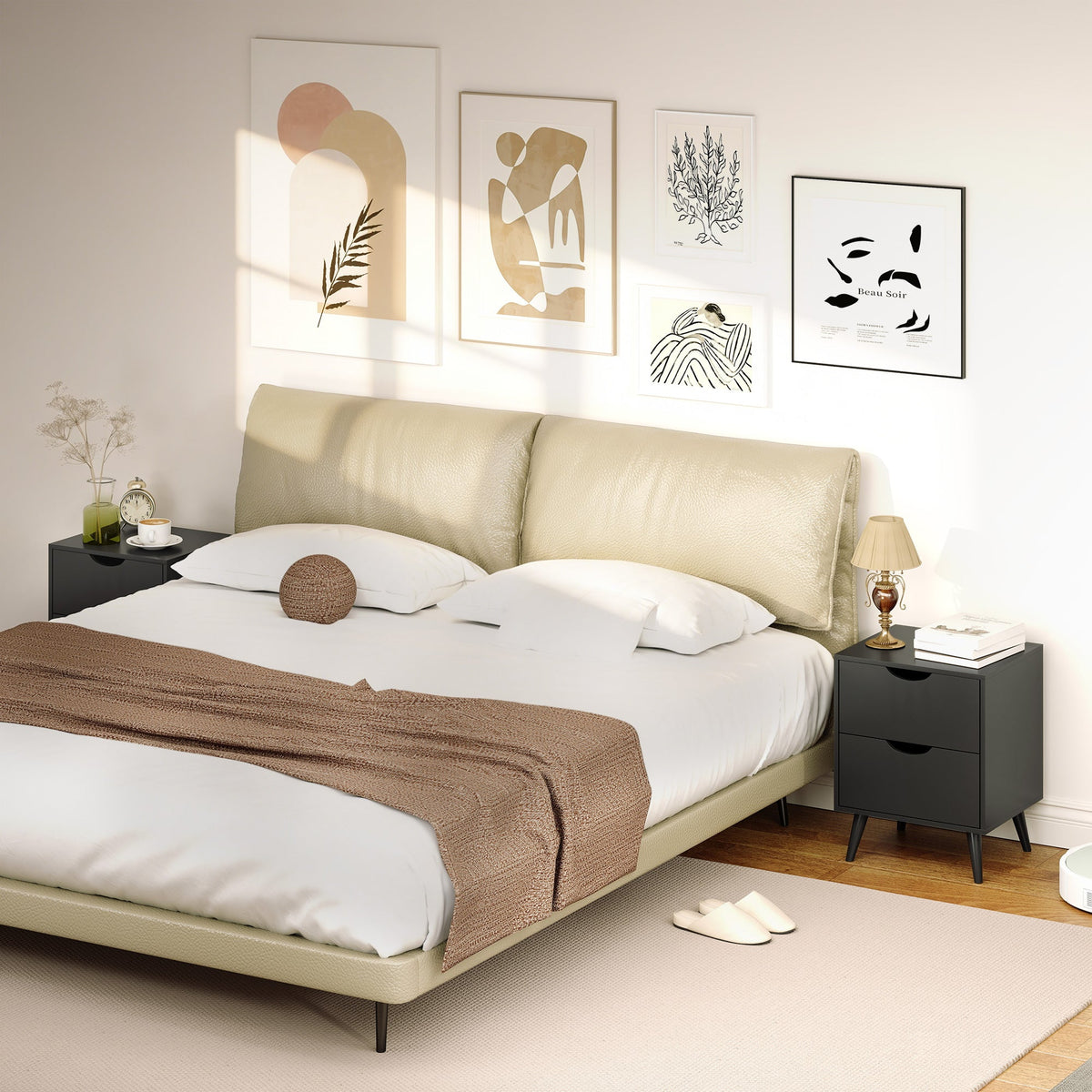 Modern Bedside Table, Nightstand with 2 Drawers and Pine Wood Legs for Bedroom, Living Room, White