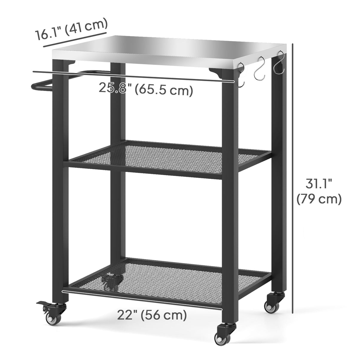 3-Shelf Outdoor Grill Cart Table with Side Handle, Stainless Steel Pizza Oven Stand on Wheels, Black