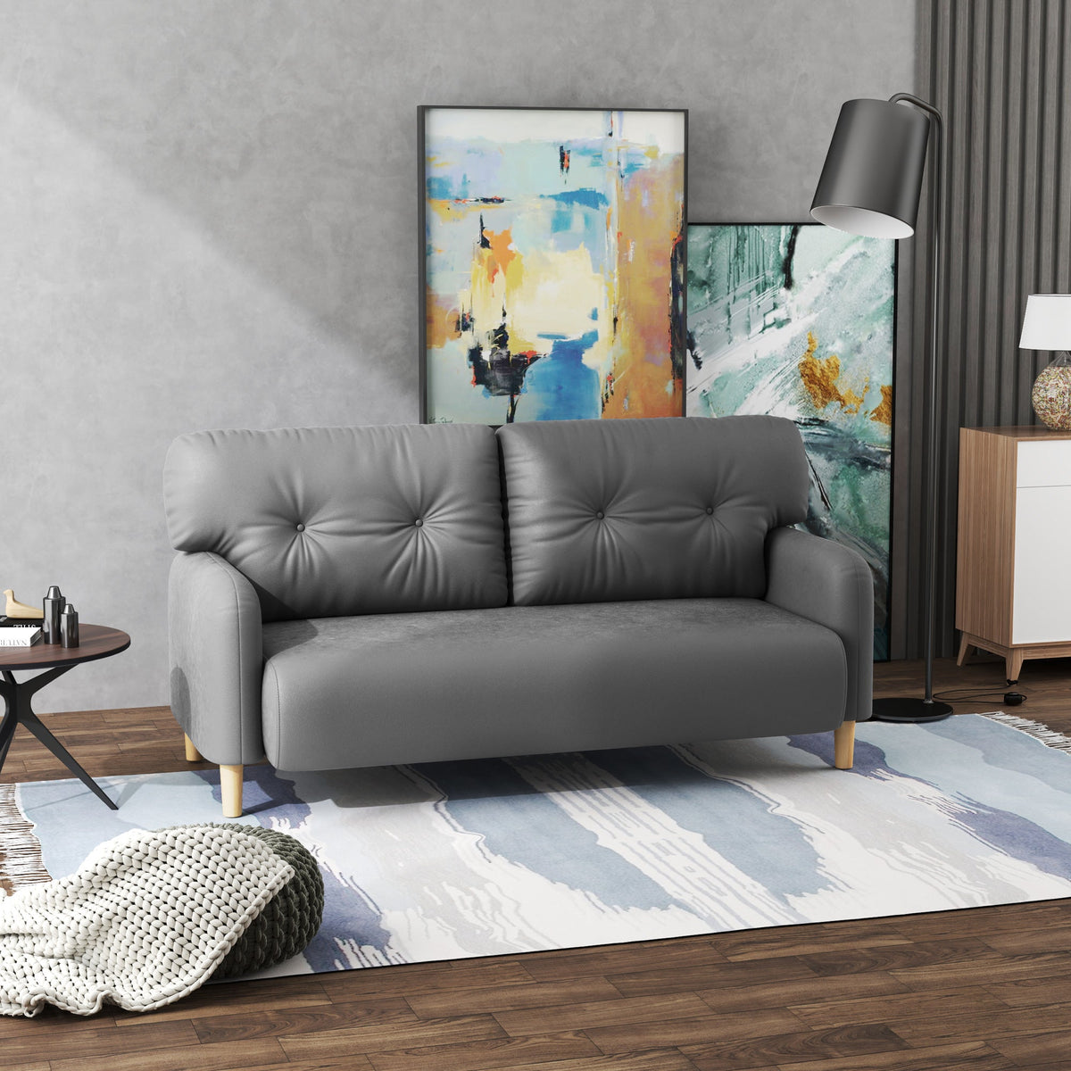 58" 2 Seat Sofa, Modern Love Seats Furniture, Upholstered 2 Seater Couch, Solid Wood Frame, Beige