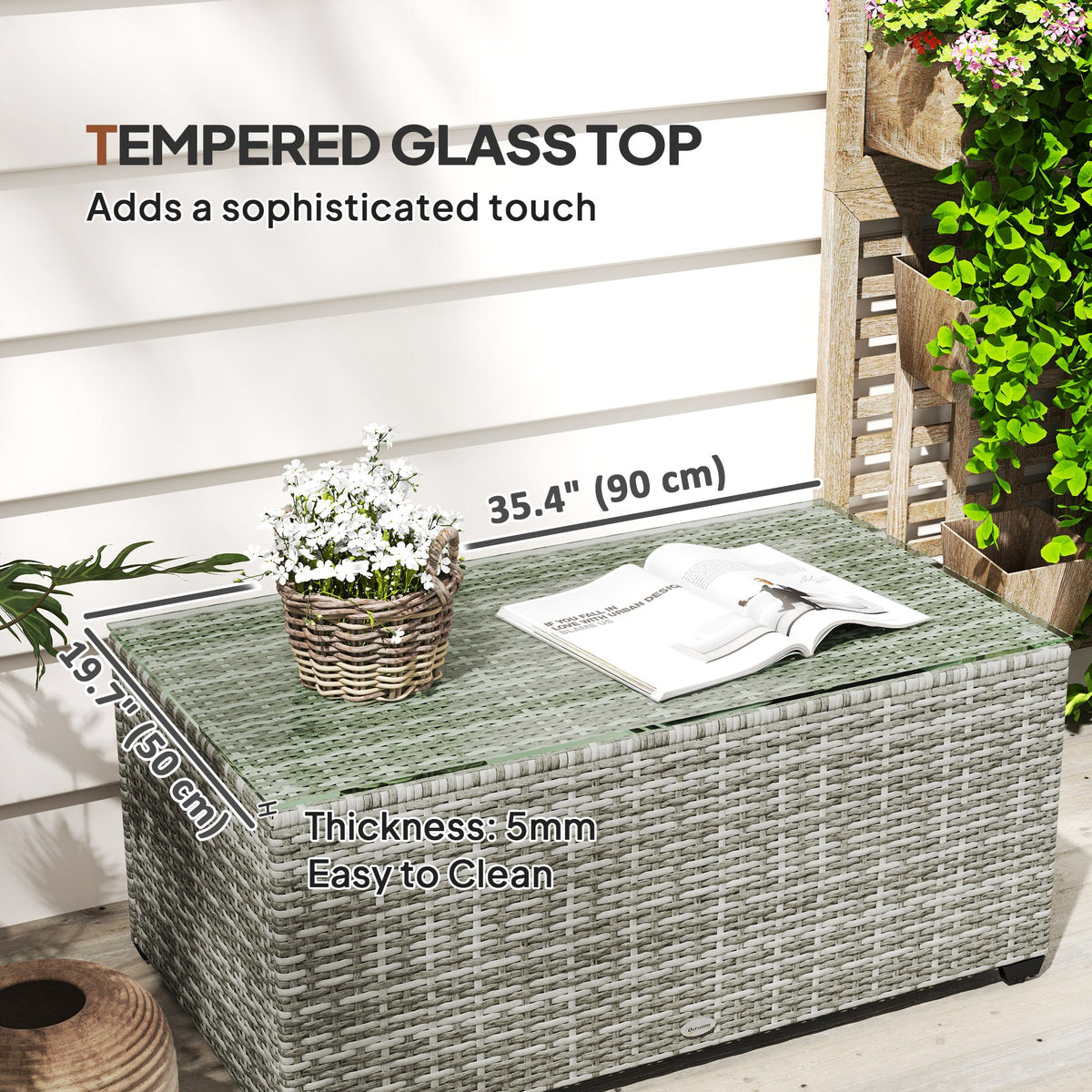 Wicker Outdoor Coffee Table, PE Wicker Rectangular Patio Table with Tempered Glass Top for Garden, Balcony, Dark Grey