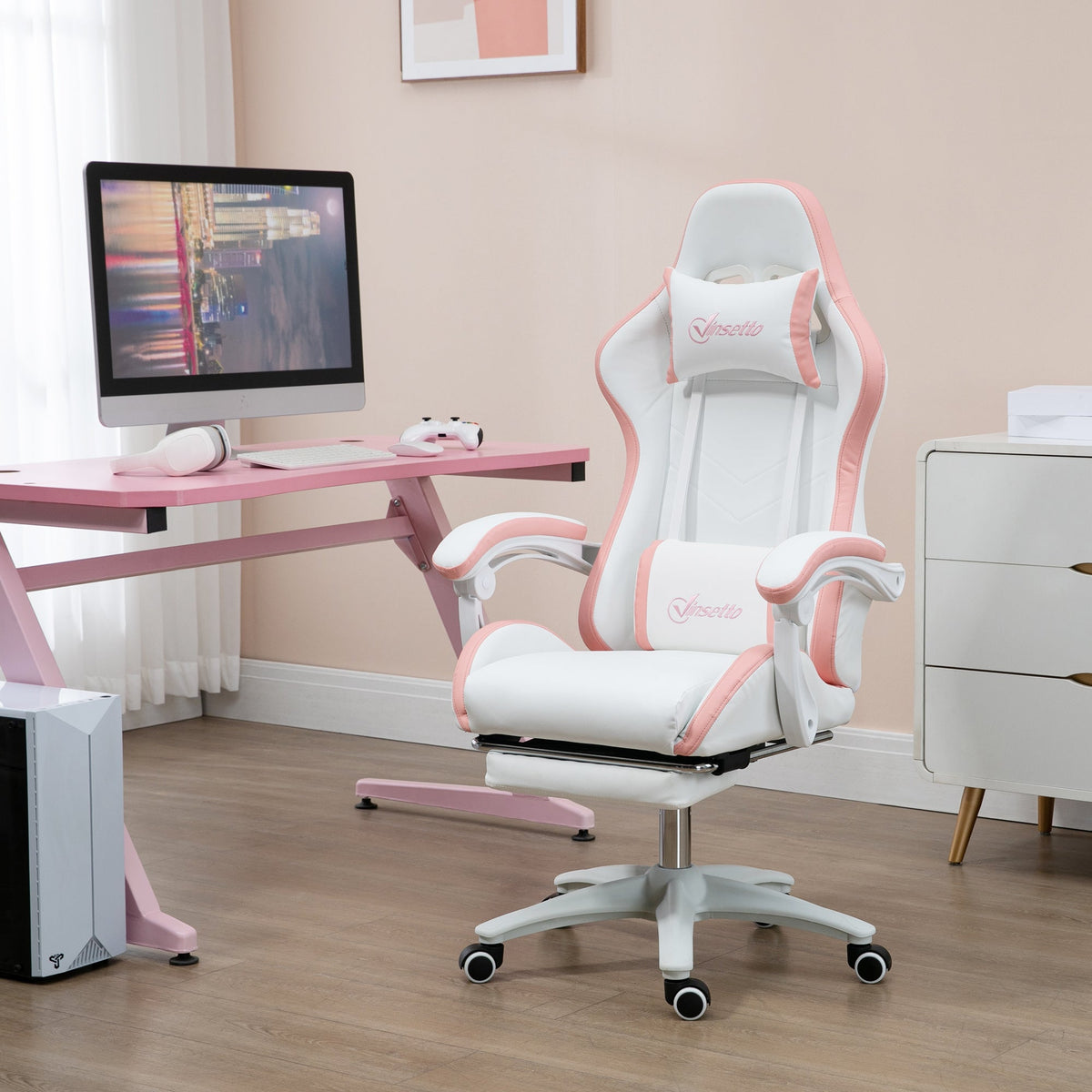 Computer Gaming Chair, PU Leather Office Desk Chair with Footrest, Swivel Wheels, 135° Reclining Back, Black