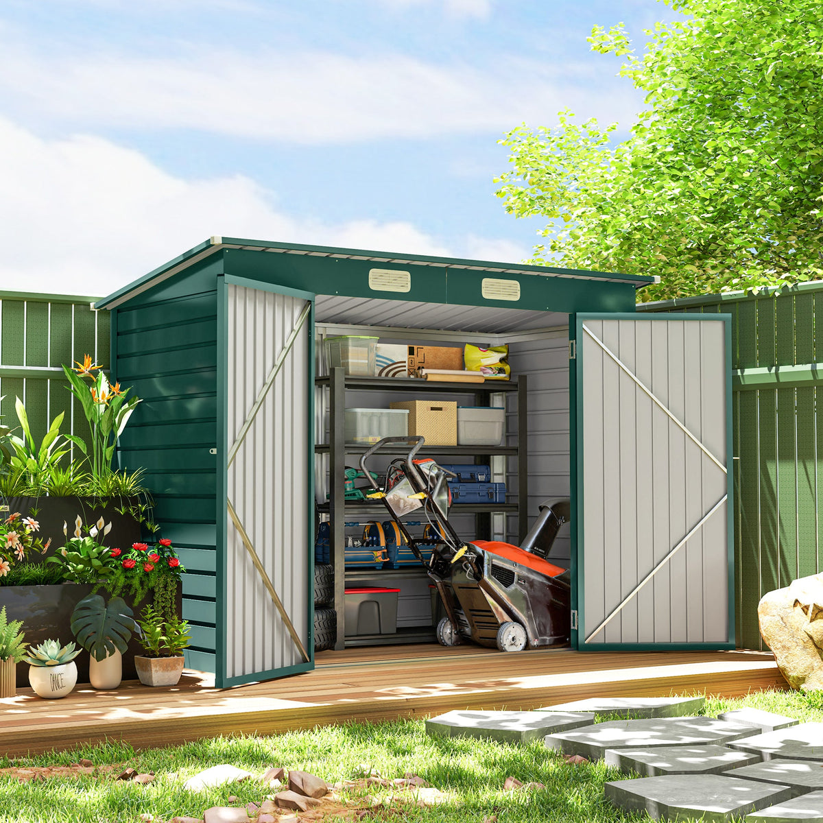8 x 4FT Galvanized Garden Storage Shed, Metal Outdoor Shed with Double Doors and 2 Vents, Oak