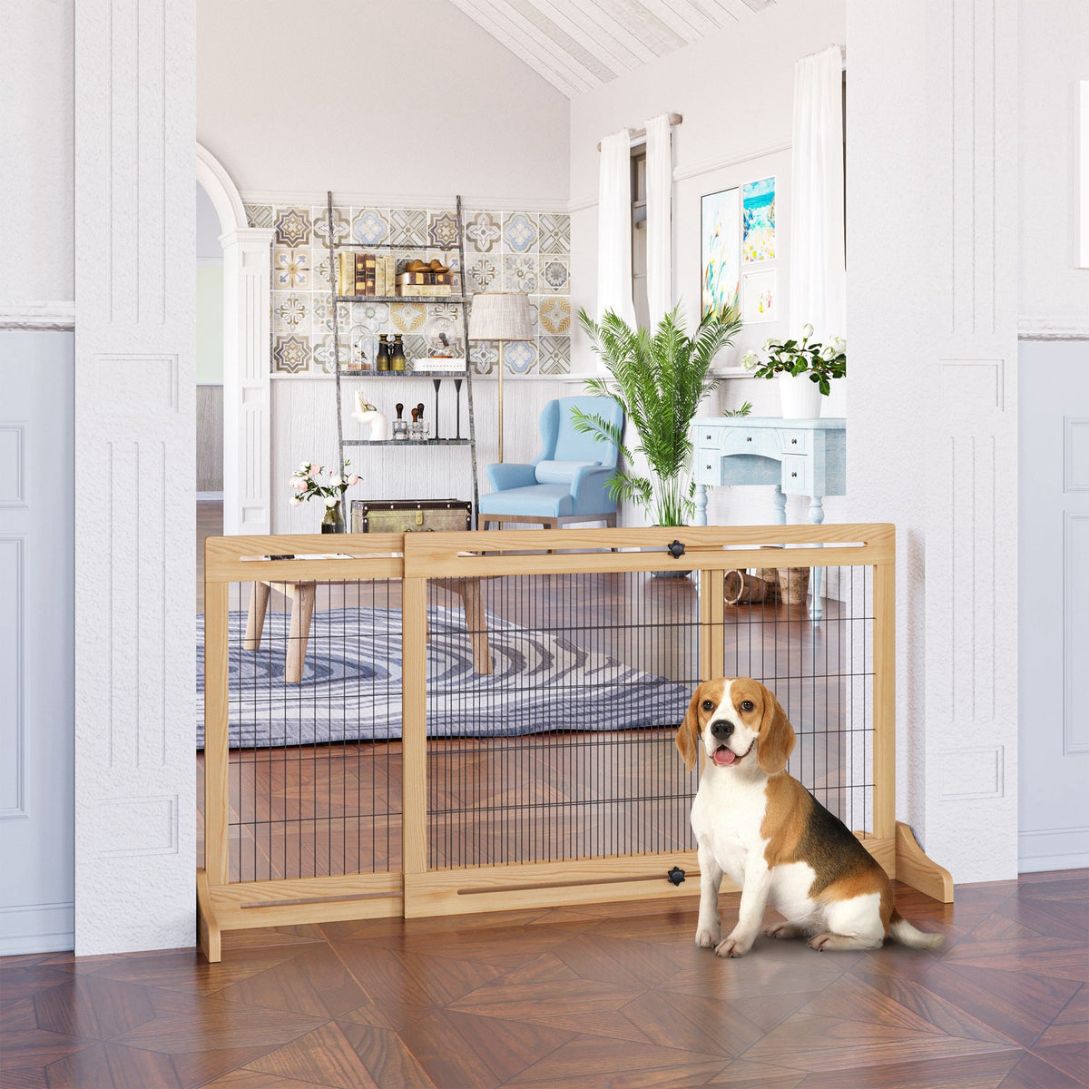 41"-71" Wooden Freestanding Pet Gate with Support Feet, for Small Medium Dogs, Grey-Blue