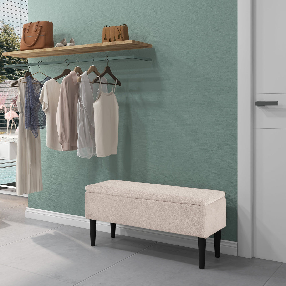 Modern Storage Bench, Ottoman with Storage and Lamb's Wool Upholstery for Living Room, Bedroom, Black