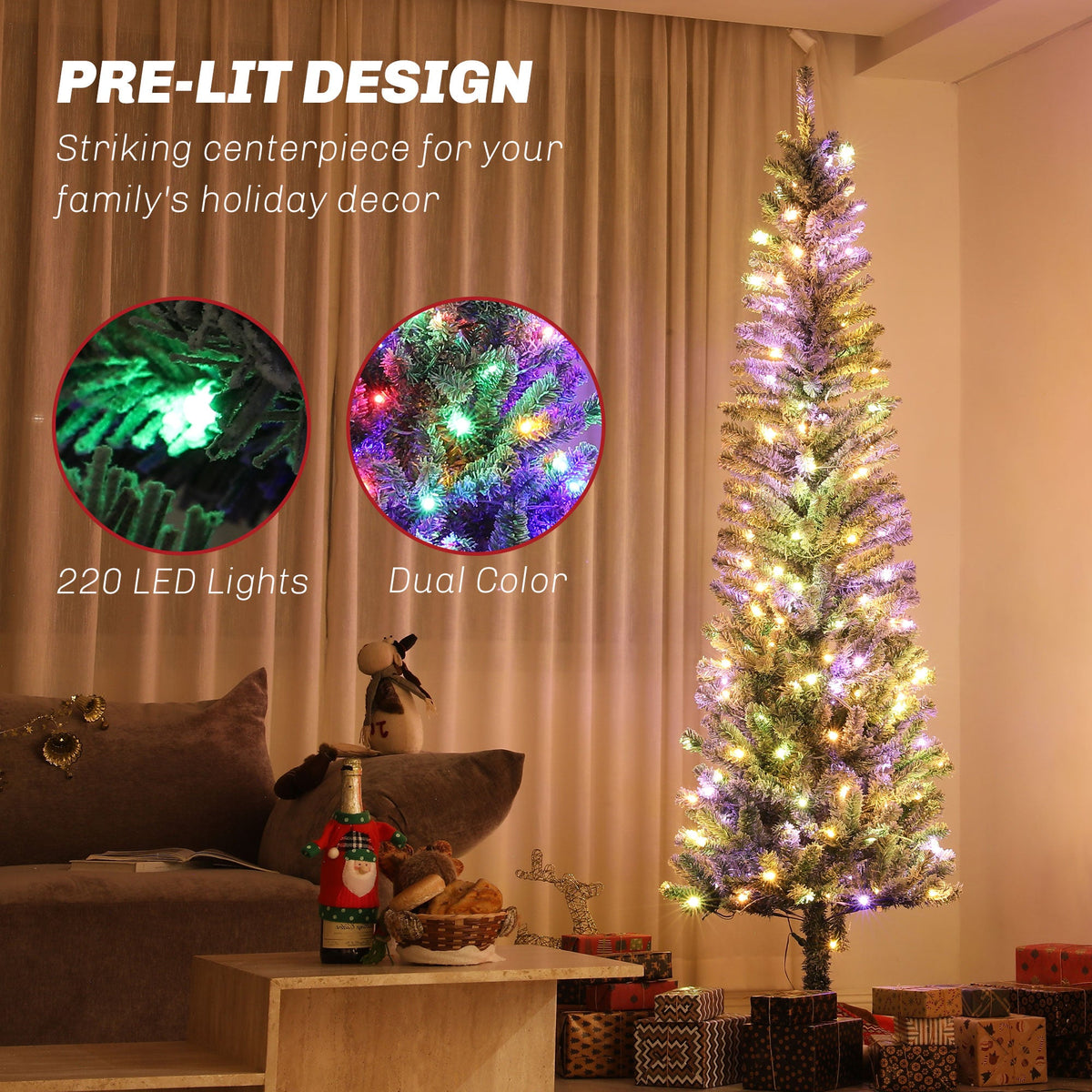 6ft Prelit Pencil Artificial Christmas Tree, Flocked Xmas Tree with Remote, Dual Colour LEDs, 429 Tips, Metal Stand