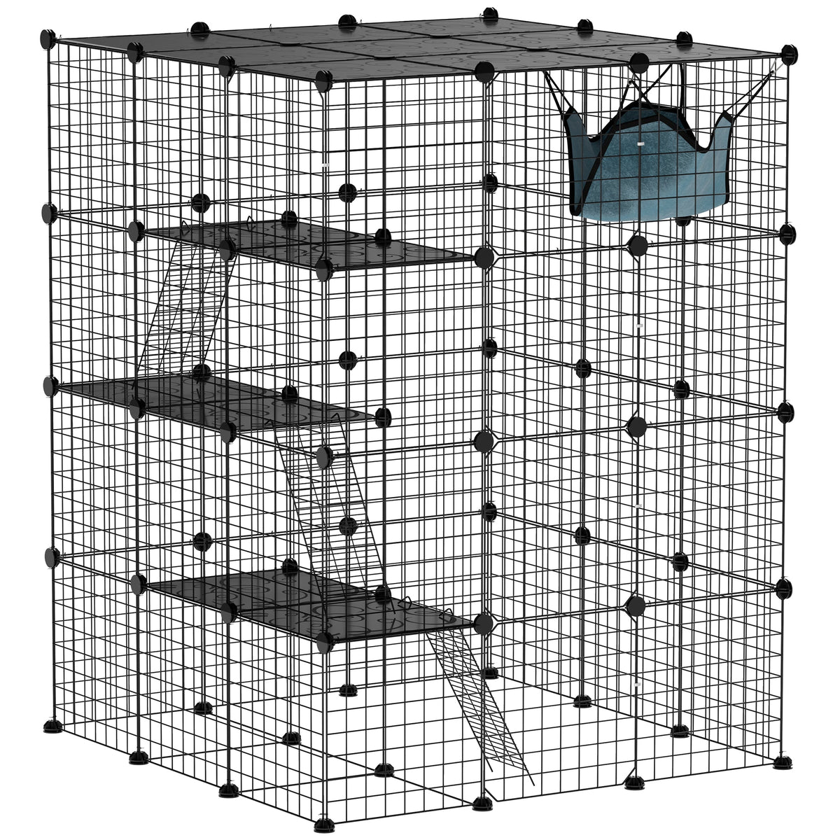 4 Tier DIY Cat Cage Indoor, Catio for 1-3 Cats with Hammock, 5 Doors, 3 Ramps, 3 Jumping Platforms, for 1-3 Cats, Black
