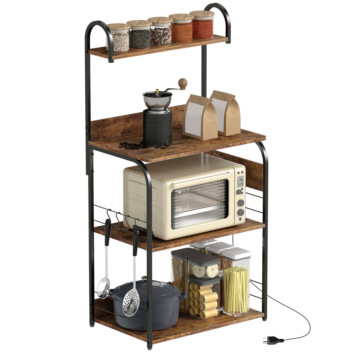 Baker's Rack with Charing Station, Microwave Shelf with Power Outlet, USB Charger and 4 Hooks, Rustic Brown