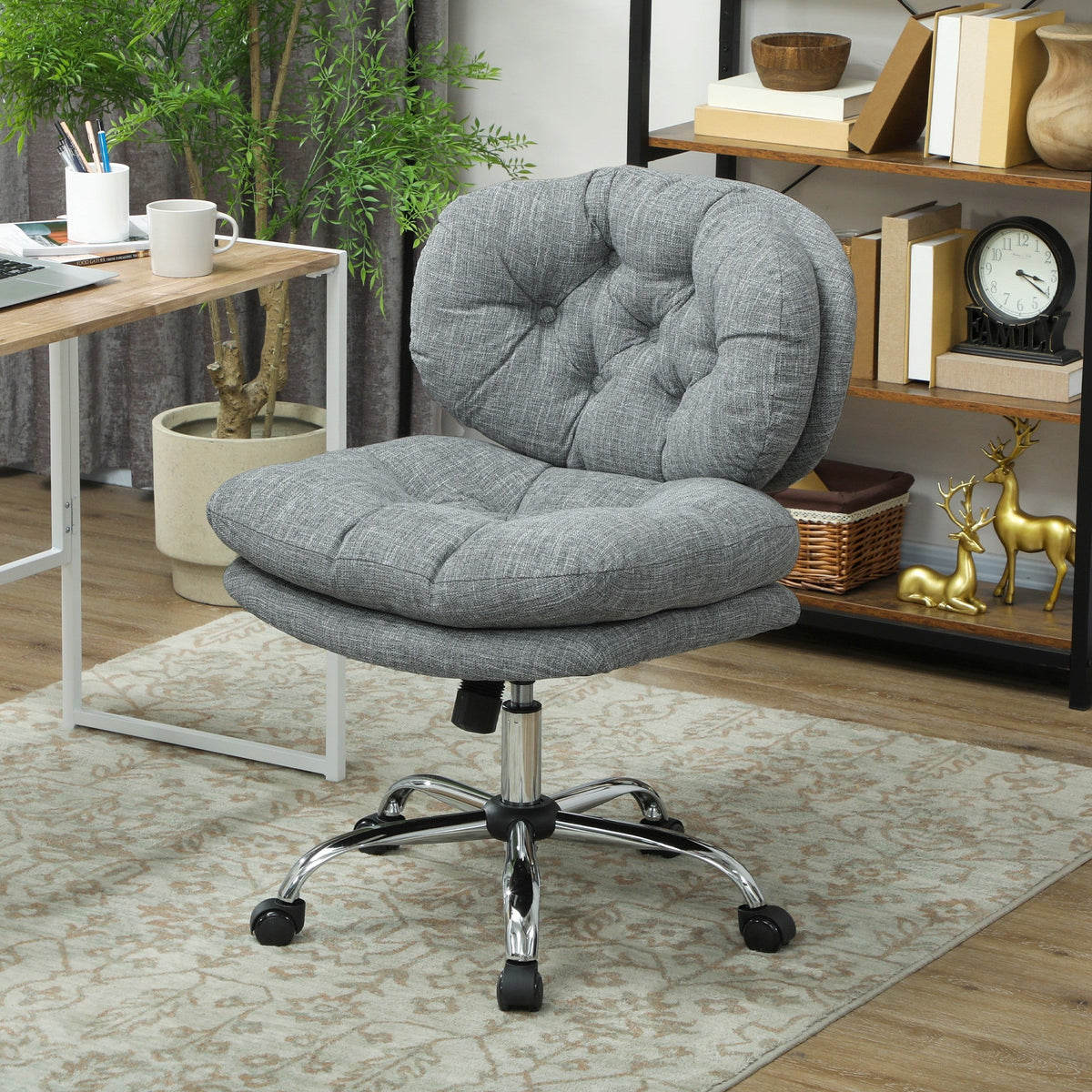 Computer Desk Chair, Armless Office Chair with Wide Padded Seat and Adjustable Height, Cream White
