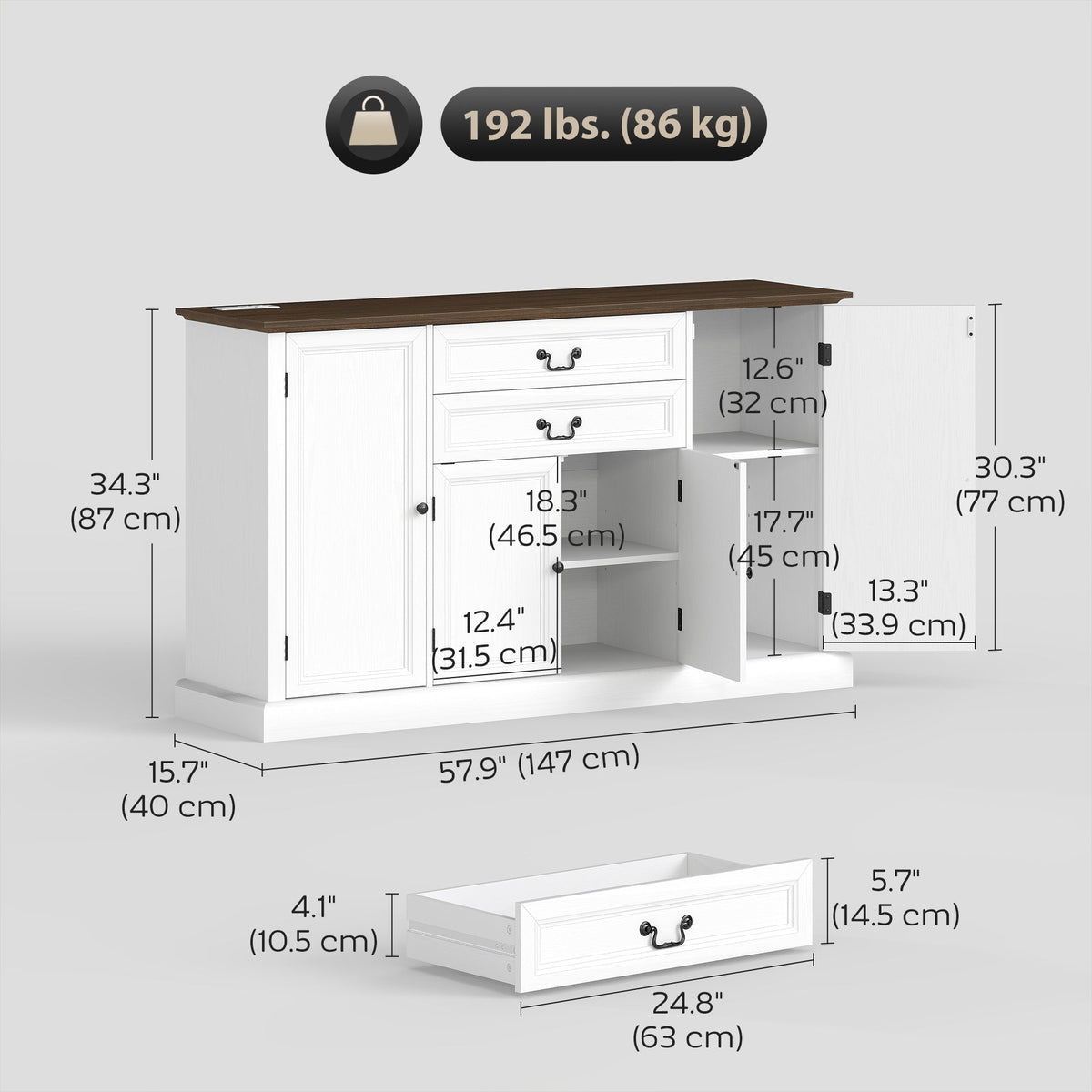 Farmhouse Sideboard with Charging Station and Thickened Top, 58" Buffet Cabinet with 2 Soft-Close Drawers, Black