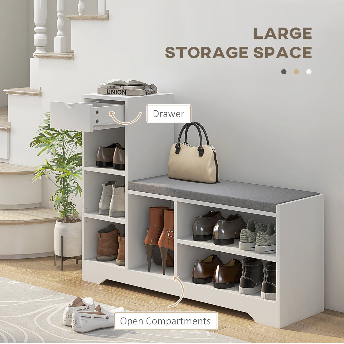 Upholstered Shoe Storage Bench w/ Seat, Entrance Bench w/ Drawer and 6 Open Shelves for Hallway, Grey